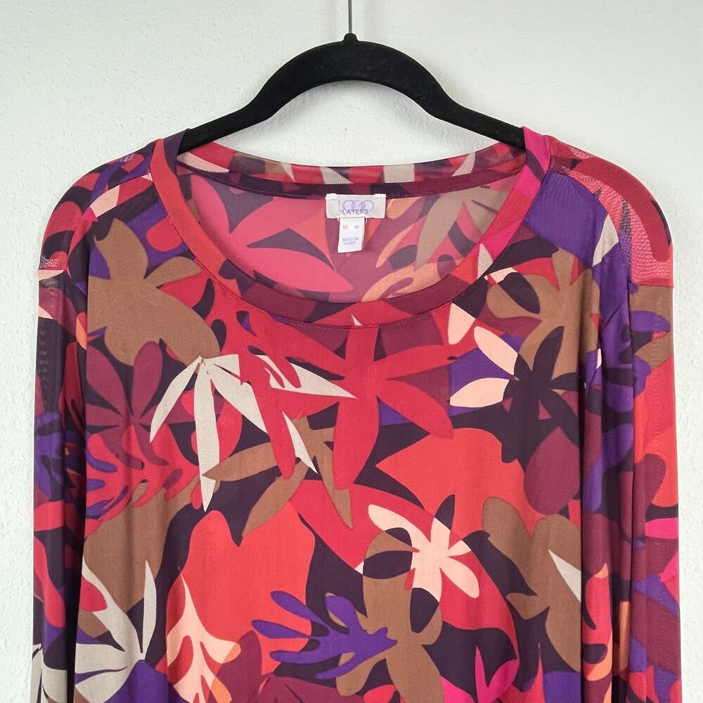 Logo Layers Lauren XL Maroon‎ Burnt Orange Floral Sheer Mock Neck Shirt - Picture 2 of 8
